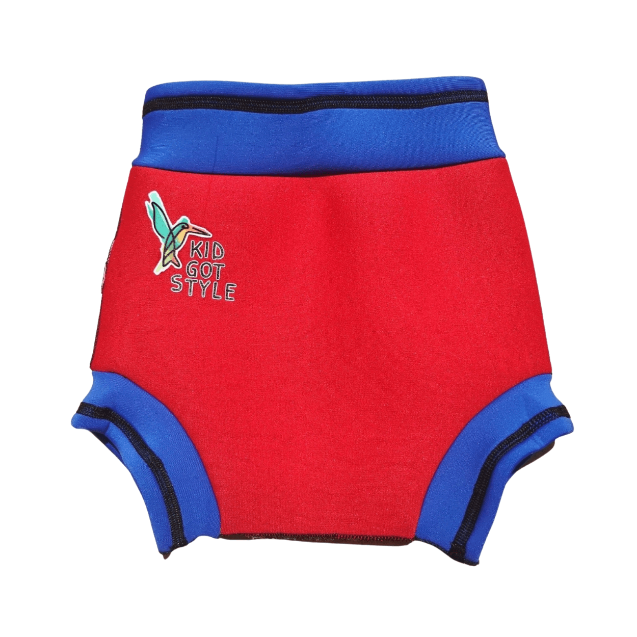 Red reusable swim nappy with blue trim